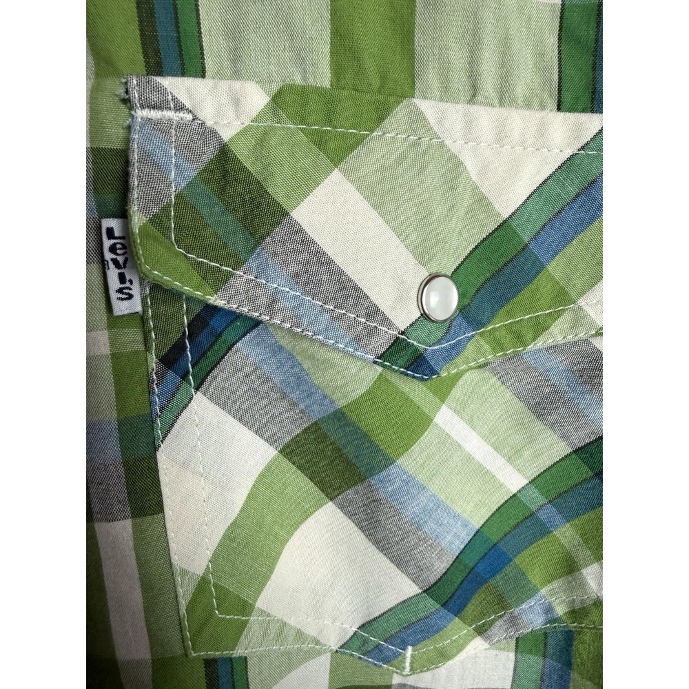 Levis Green Plaid Pearl Snap Button Up Long Sleeve Vintage Style Mens Shirt Sz M - Picture 4 of 9